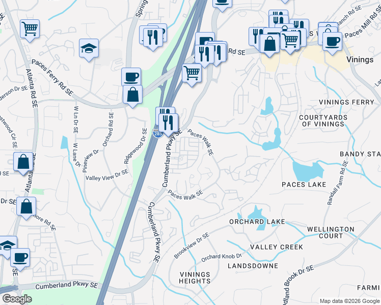map of restaurants, bars, coffee shops, grocery stores, and more near 3926 Allegretto Circle in Atlanta