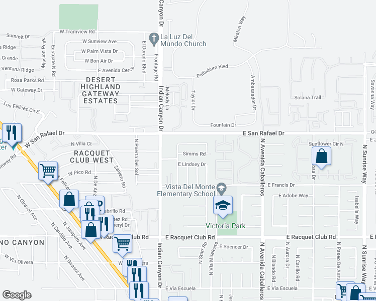 map of restaurants, bars, coffee shops, grocery stores, and more near 426 East Simms Road in Palm Springs