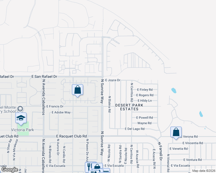 map of restaurants, bars, coffee shops, grocery stores, and more near 3050 North Sunrise Way in Palm Springs