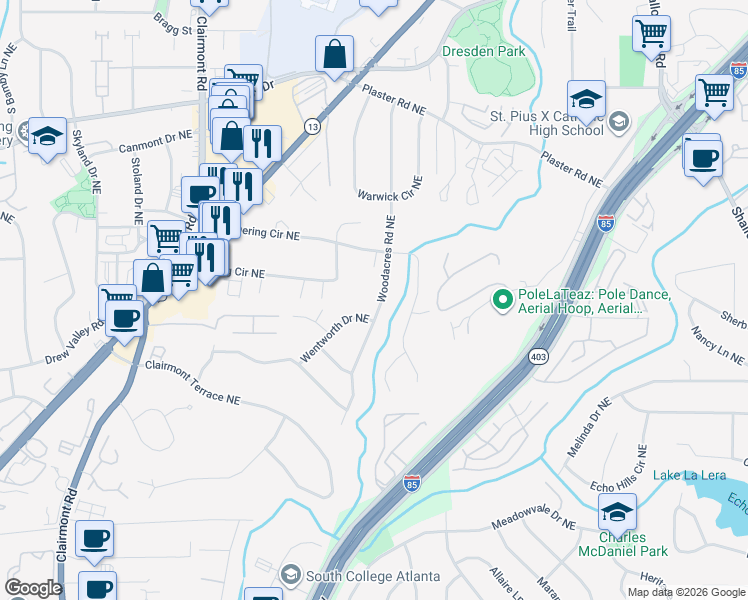 map of restaurants, bars, coffee shops, grocery stores, and more near 2473 Woodacres Road Northeast in Atlanta