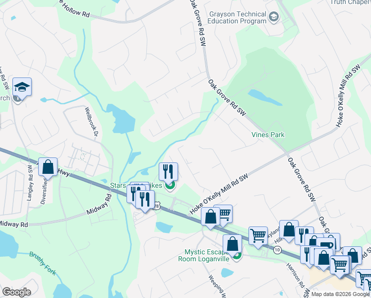 map of restaurants, bars, coffee shops, grocery stores, and more near 3455 Lochmill Drive in Loganville