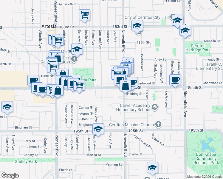 map of restaurants, bars, coffee shops, grocery stores, and more near 19013 Ibex Avenue in Artesia