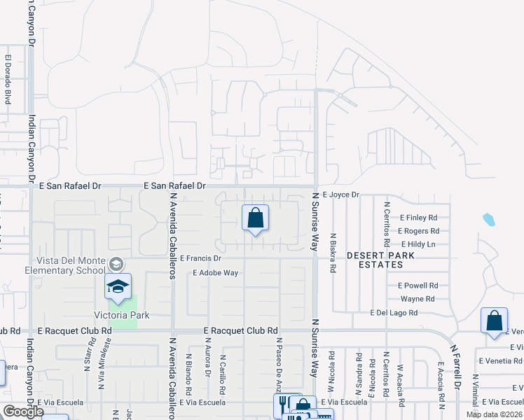 map of restaurants, bars, coffee shops, grocery stores, and more near 1343 Sunflower Circle North in Palm Springs