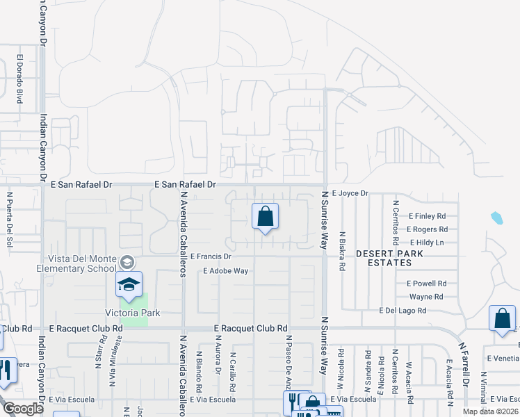 map of restaurants, bars, coffee shops, grocery stores, and more near 1343 Sunflower Circle North in Palm Springs