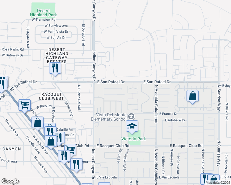 map of restaurants, bars, coffee shops, grocery stores, and more near 497 Simms Road in Palm Springs