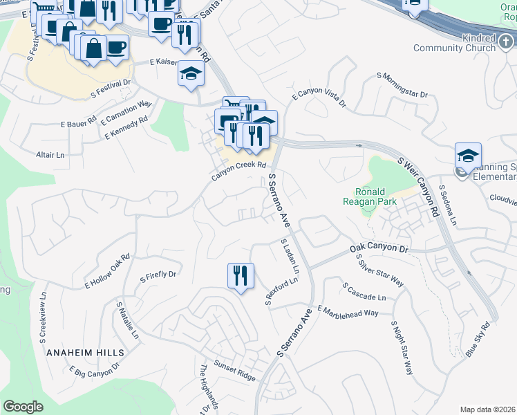 map of restaurants, bars, coffee shops, grocery stores, and more near 8200 East Blackwillow Circle in Anaheim