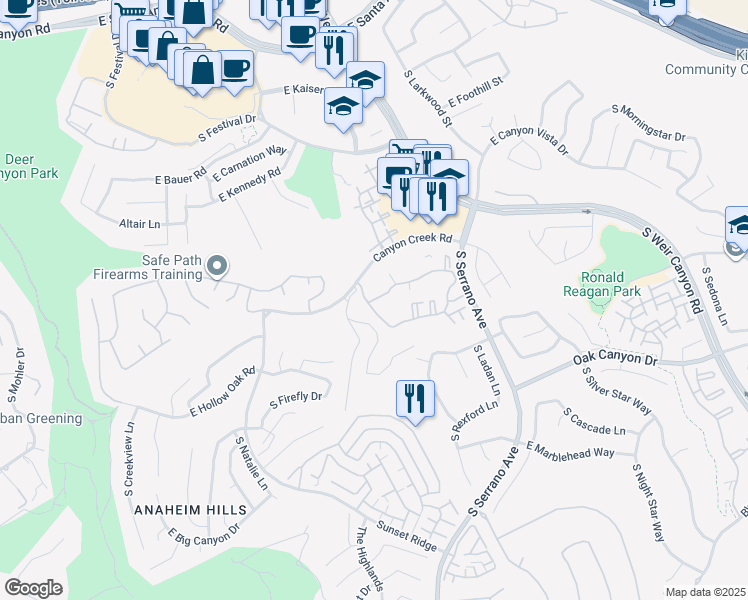 map of restaurants, bars, coffee shops, grocery stores, and more near 8204 East Blackwillow Circle in Anaheim
