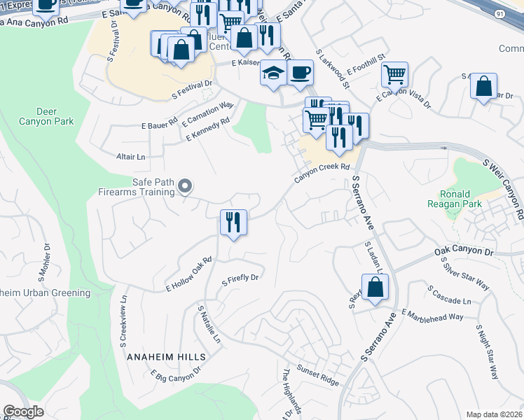 map of restaurants, bars, coffee shops, grocery stores, and more near 7748 South Rockvale Lane in Anaheim