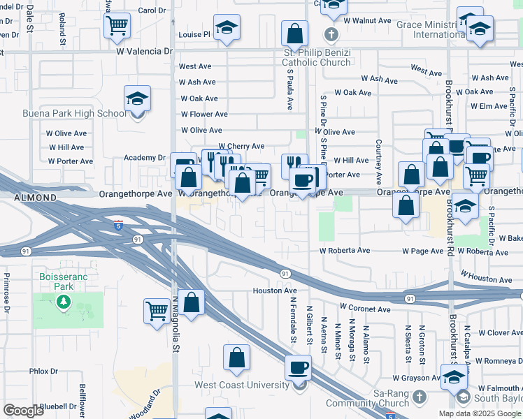 map of restaurants, bars, coffee shops, grocery stores, and more near 1324 South Peckham Street in Fullerton
