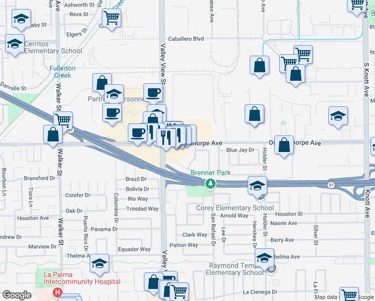 map of restaurants, bars, coffee shops, grocery stores, and more near 6122 Orangethorpe Avenue in Buena Park