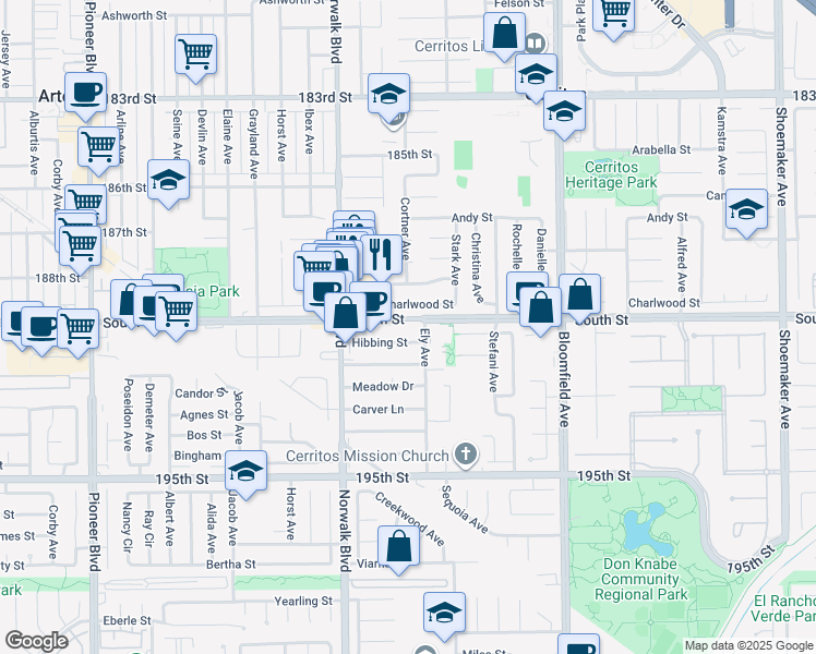 map of restaurants, bars, coffee shops, grocery stores, and more near 12321 Hibbing Street in Artesia