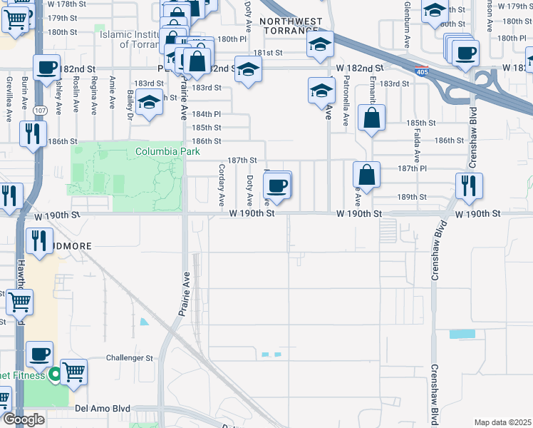 map of restaurants, bars, coffee shops, grocery stores, and more near 336 West 190th Street in Torrance