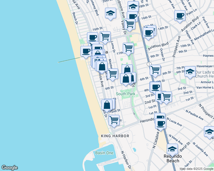 map of restaurants, bars, coffee shops, grocery stores, and more near 601 Manhattan Avenue in Hermosa Beach