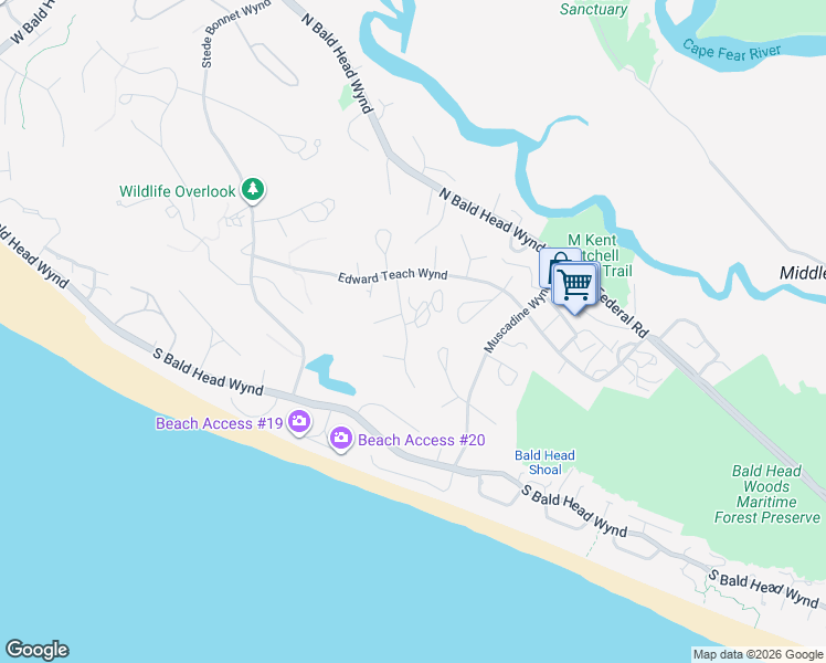 map of restaurants, bars, coffee shops, grocery stores, and more near 12 3 Flipper Trail in Bald Head Island