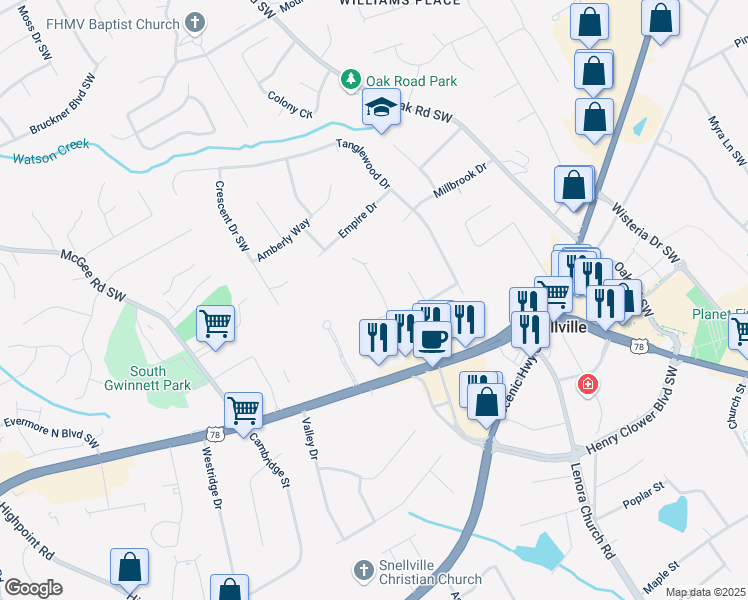 map of restaurants, bars, coffee shops, grocery stores, and more near 2149 New London Place in Snellville