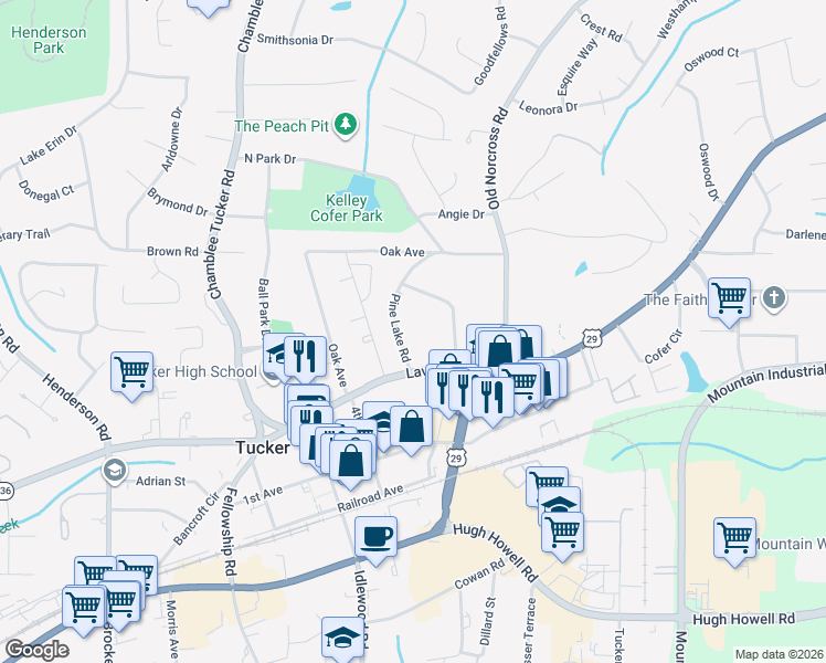 map of restaurants, bars, coffee shops, grocery stores, and more near 2473 Pine Lake Road in Tucker