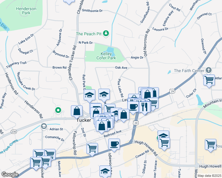 map of restaurants, bars, coffee shops, grocery stores, and more near 2474 Lehaven Drive in Tucker