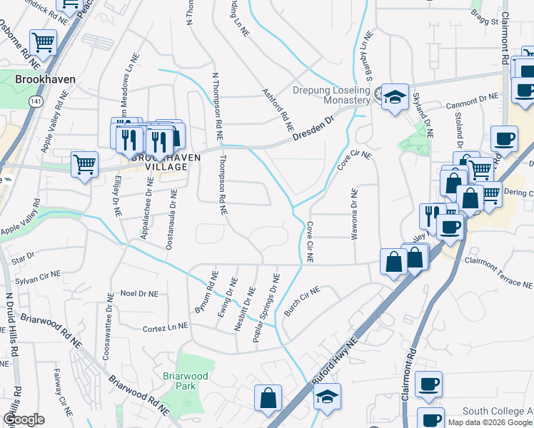 map of restaurants, bars, coffee shops, grocery stores, and more near 1593 Grant Drive Northeast in Atlanta