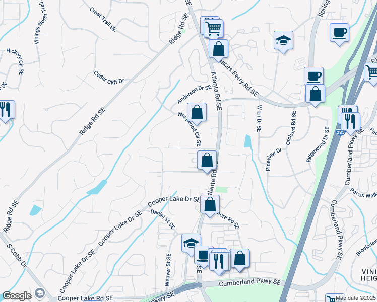 map of restaurants, bars, coffee shops, grocery stores, and more near 2058 Westwood Road Southeast in Smyrna