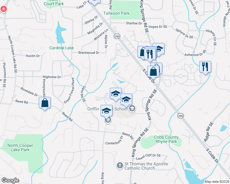 map of restaurants, bars, coffee shops, grocery stores, and more near 203 Bridge Lane in Smyrna