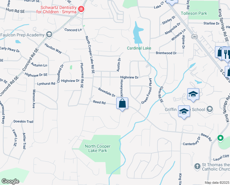 map of restaurants, bars, coffee shops, grocery stores, and more near 701 Rosedale Drive in Smyrna