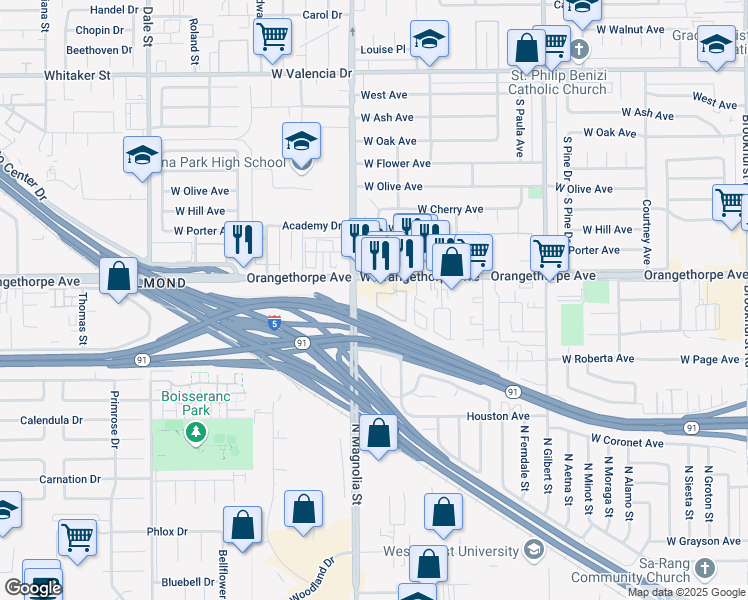 map of restaurants, bars, coffee shops, grocery stores, and more near 2736 West Orangethorpe Avenue in Fullerton