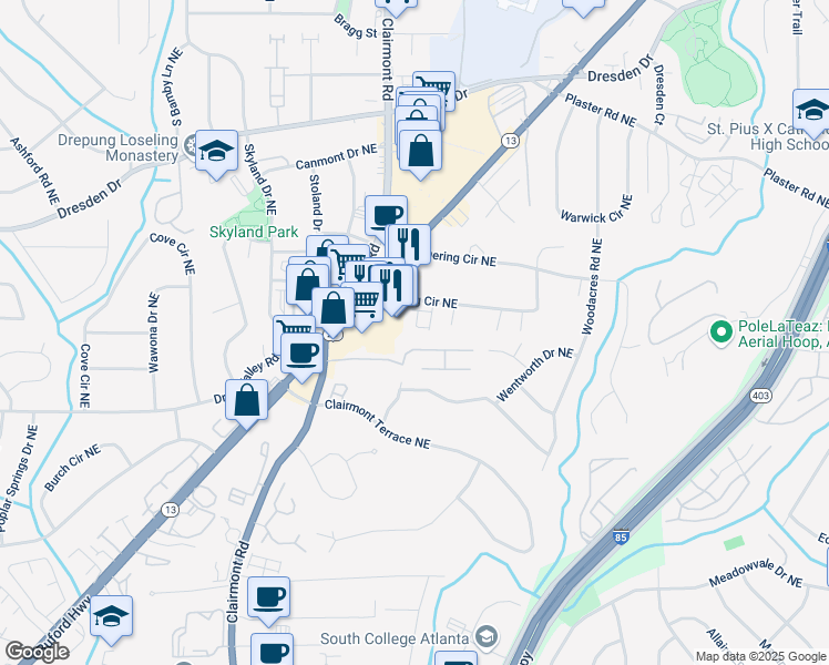 map of restaurants, bars, coffee shops, grocery stores, and more near 2464 Georgetown Avenue in Atlanta