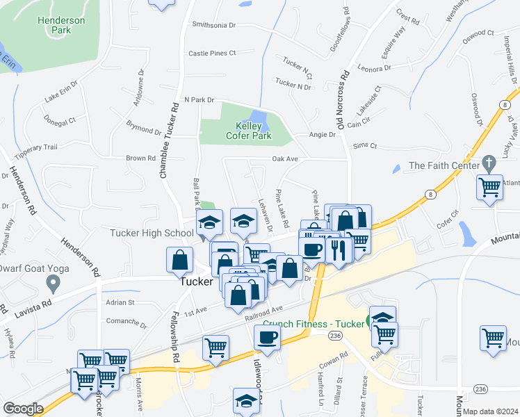 map of restaurants, bars, coffee shops, grocery stores, and more near 2474 Lehaven Drive in Tucker