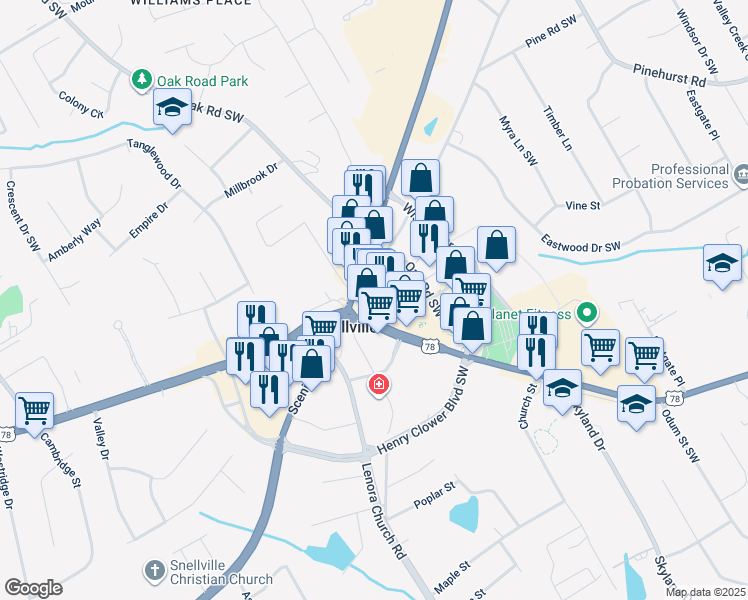 map of restaurants, bars, coffee shops, grocery stores, and more near 2258 Snellville Plaza in Snellville