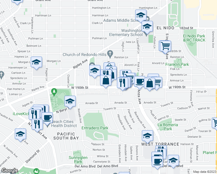 map of restaurants, bars, coffee shops, grocery stores, and more near W 190th St & Meyer Ln in Redondo Beach
