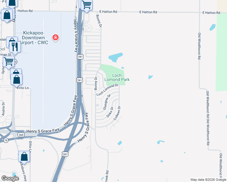 map of restaurants, bars, coffee shops, grocery stores, and more near 240 Glasgow Drive in Wichita Falls
