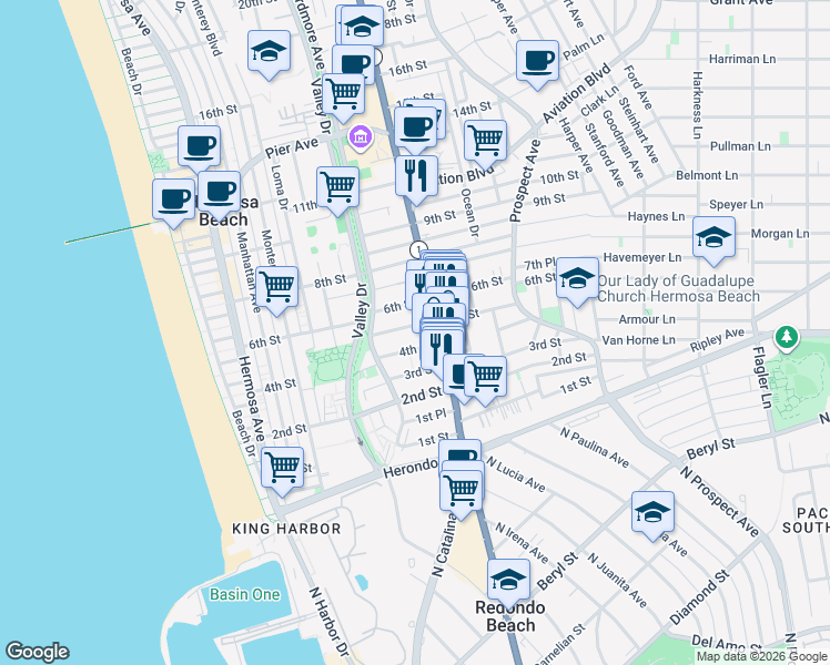 map of restaurants, bars, coffee shops, grocery stores, and more near 710 5th Street in Hermosa Beach