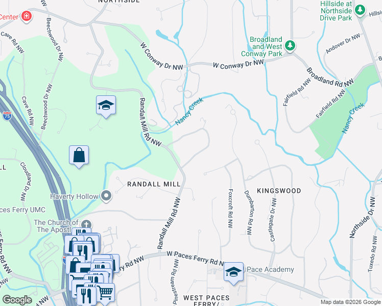 map of restaurants, bars, coffee shops, grocery stores, and more near 923 Buckingham Circle Northwest in Atlanta