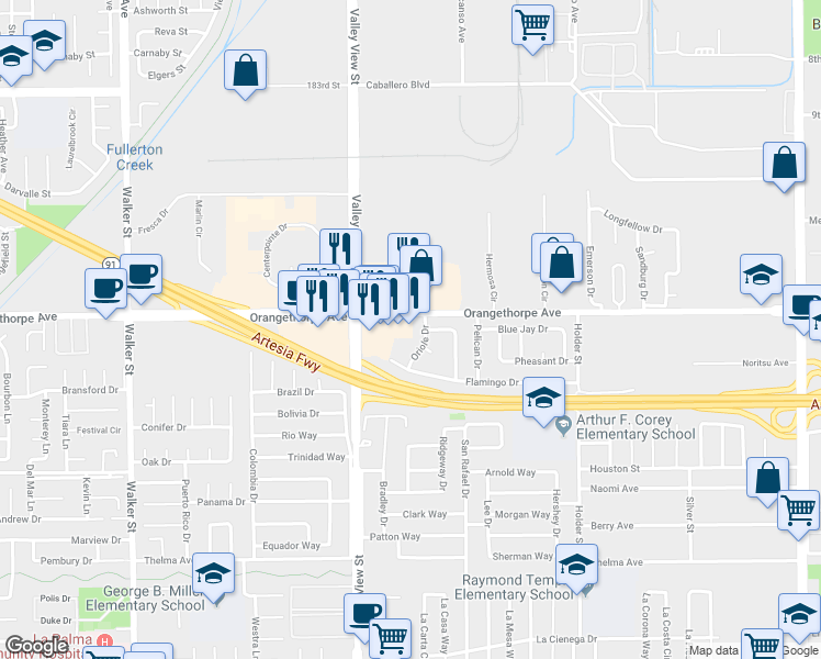 map of restaurants, bars, coffee shops, grocery stores, and more near 6122 Orangethorpe Avenue in Buena Park