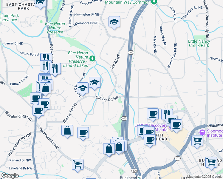 map of restaurants, bars, coffee shops, grocery stores, and more near 3790 Ivy Road Northeast in Atlanta