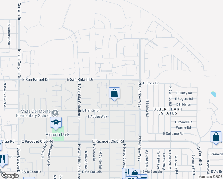 map of restaurants, bars, coffee shops, grocery stores, and more near 1323 Sunflower Circle North in Palm Springs