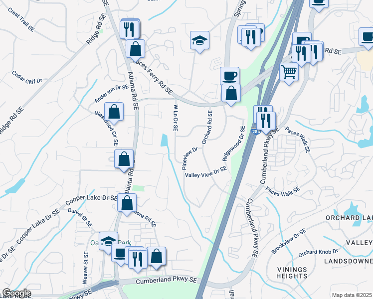 map of restaurants, bars, coffee shops, grocery stores, and more near 3928 Pineview Drive in Smyrna
