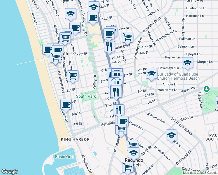 map of restaurants, bars, coffee shops, grocery stores, and more near 710 5th Street in Hermosa Beach