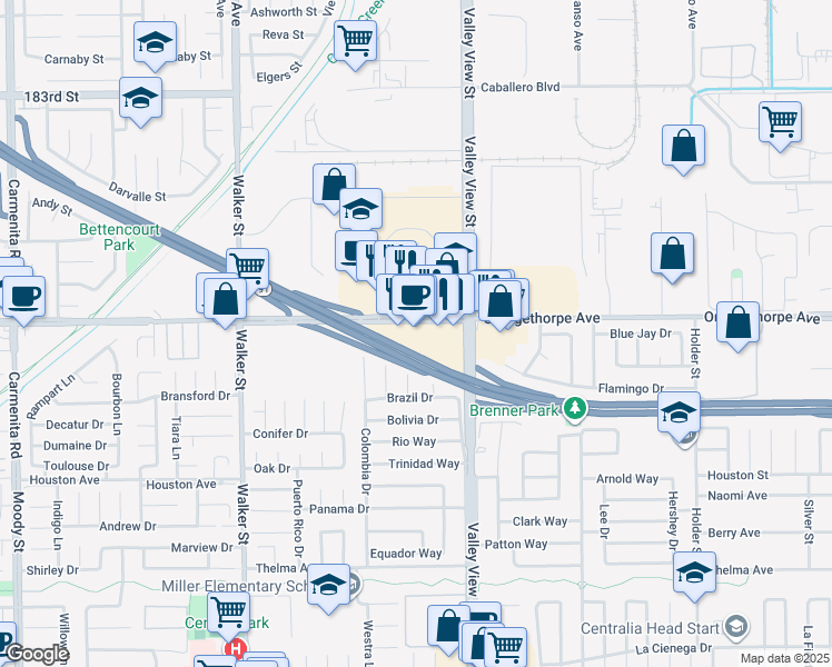 map of restaurants, bars, coffee shops, grocery stores, and more near 5970 Orangethorpe Avenue in Buena Park