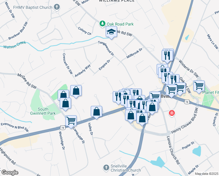 map of restaurants, bars, coffee shops, grocery stores, and more near 2149 New London Place in Snellville