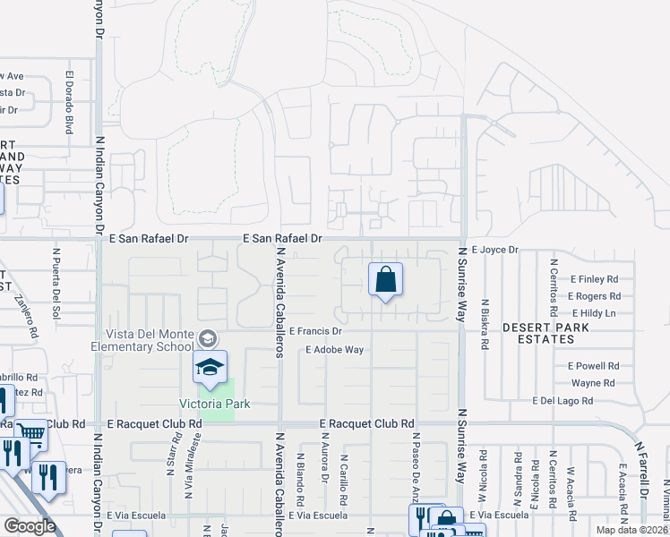 map of restaurants, bars, coffee shops, grocery stores, and more near 3070 Sunflower Circle West in Palm Springs