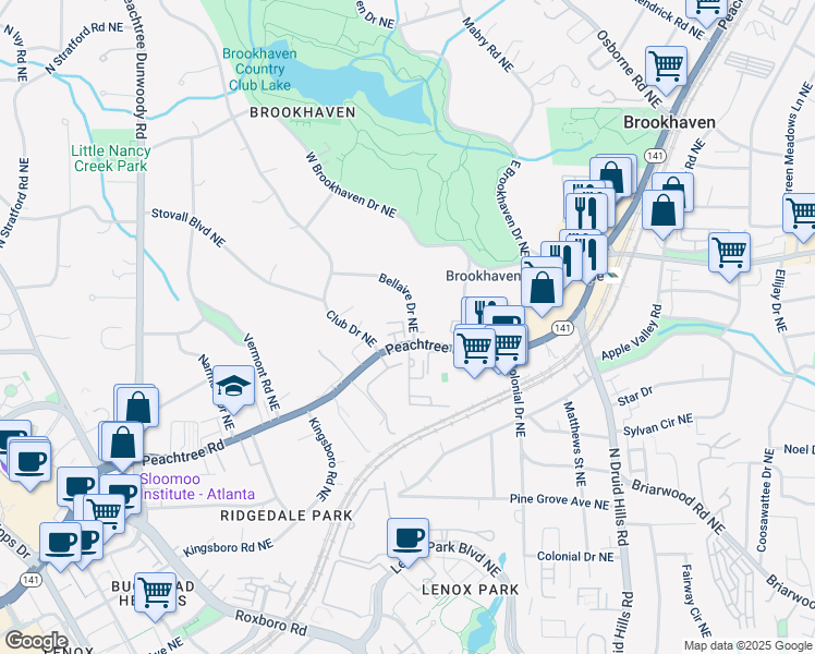 map of restaurants, bars, coffee shops, grocery stores, and more near 1059 Abington Court in Brookhaven