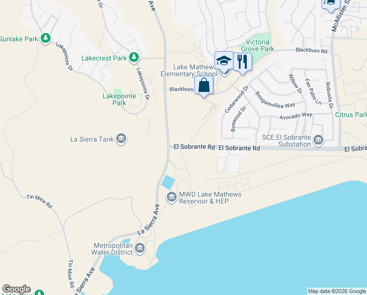map of restaurants, bars, coffee shops, grocery stores, and more near 11875 El Sobrante Road in Riverside