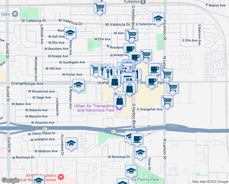 map of restaurants, bars, coffee shops, grocery stores, and more near 200 West Orangethorpe Avenue in Fullerton