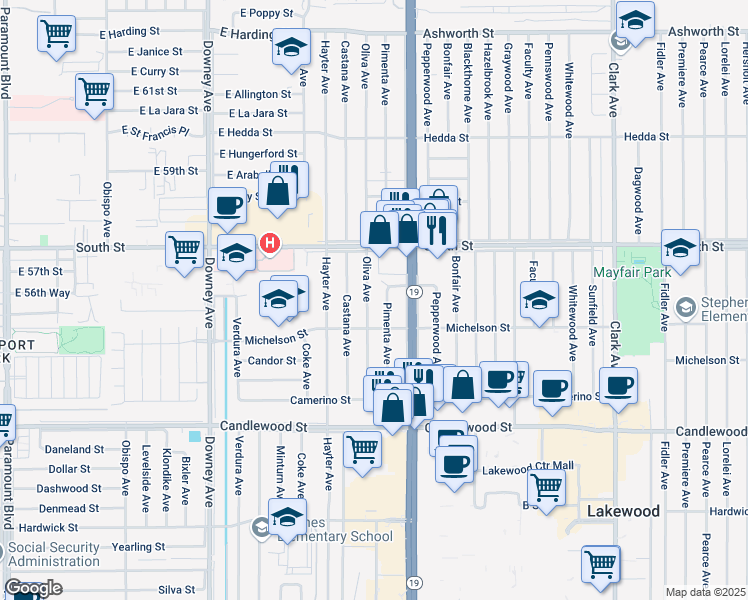 map of restaurants, bars, coffee shops, grocery stores, and more near 5623 Oliva Avenue in Lakewood