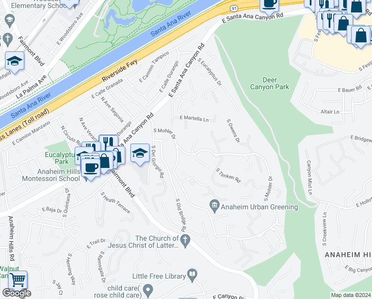 map of restaurants, bars, coffee shops, grocery stores, and more near 216 South Mohler Drive in Anaheim
