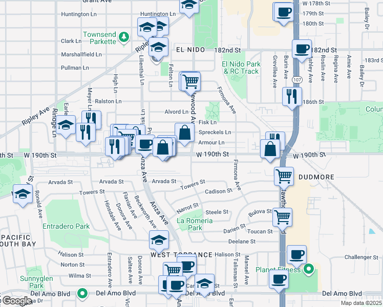 map of restaurants, bars, coffee shops, grocery stores, and more near 190th St & S Inglewood Ave in Redondo Beach