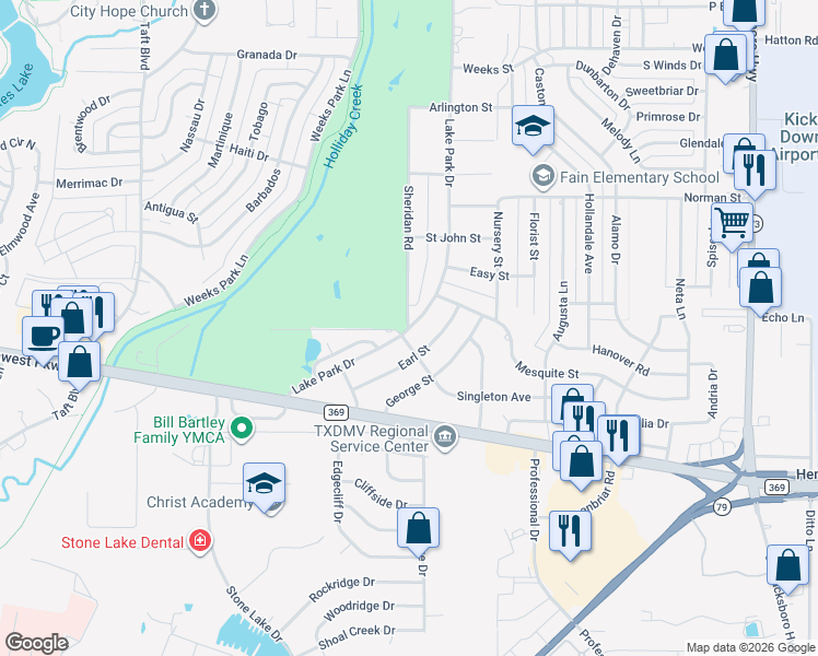 map of restaurants, bars, coffee shops, grocery stores, and more near 4815 Lake Park Dr in Wichita Falls