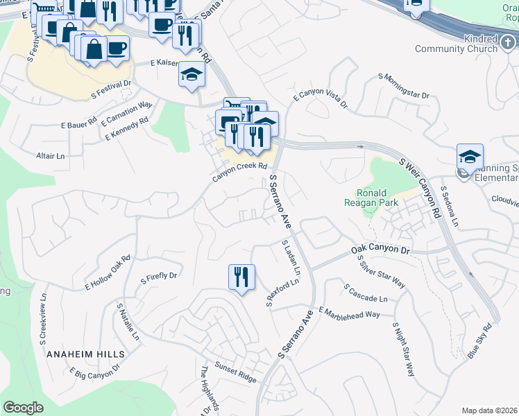 map of restaurants, bars, coffee shops, grocery stores, and more near 8201 East Blackwillow Circle in Anaheim