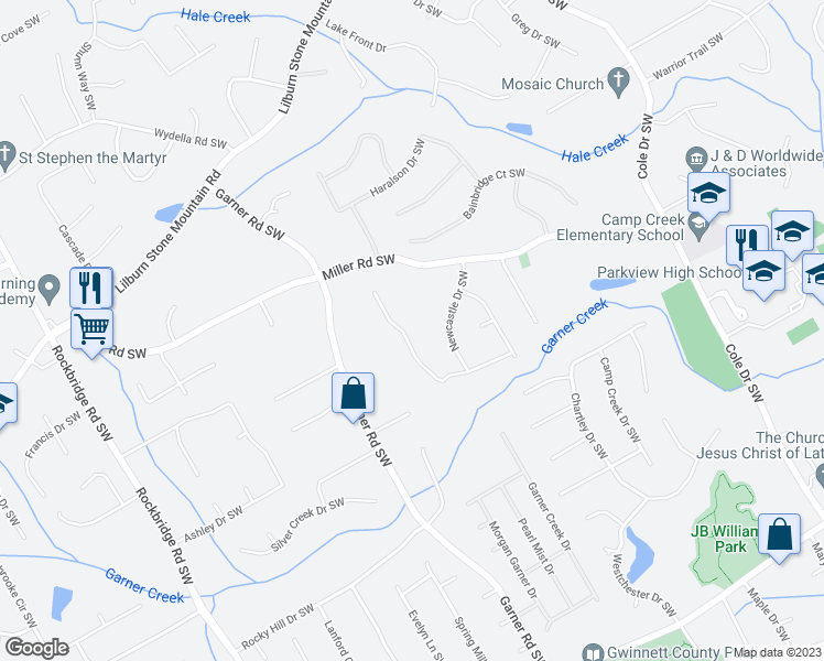 map of restaurants, bars, coffee shops, grocery stores, and more near 5173 Charlemagne Way Southwest in Lilburn